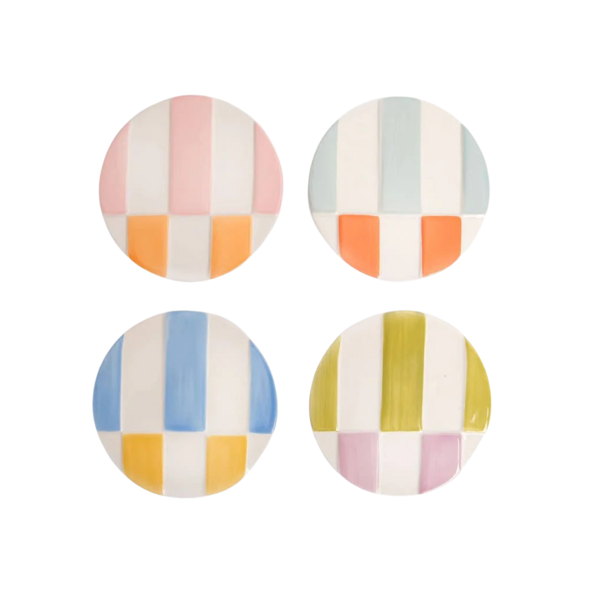 Four round ceramic coasters with colorful striped patterns on a white background