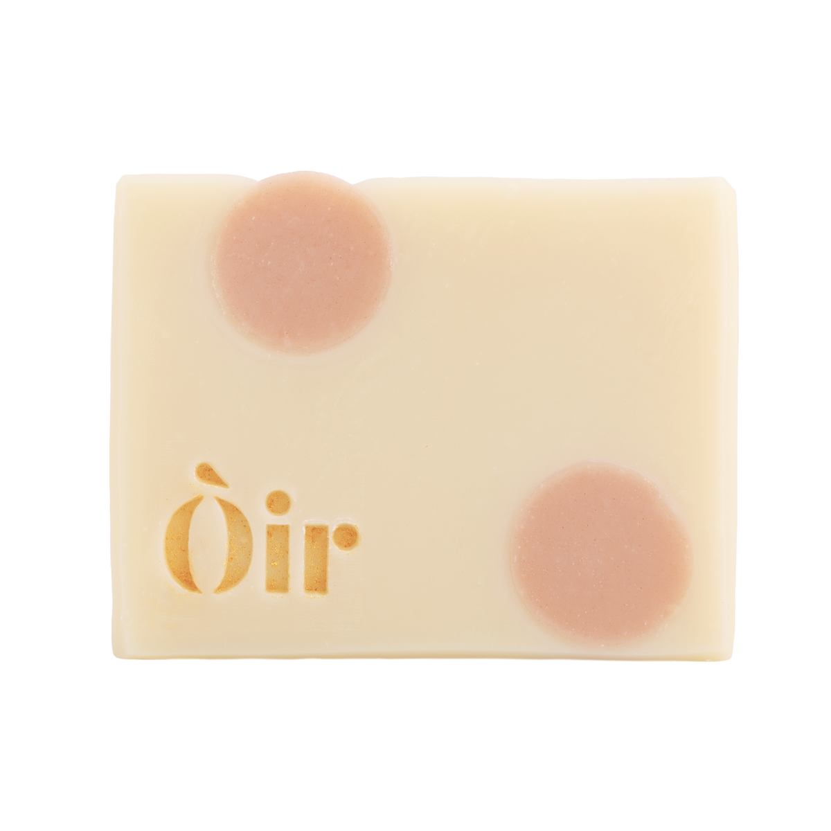 Bar of Oir Rose Geranium soap from the front on a white background. Beige bar, pink dot pattern and gold Oir logo.