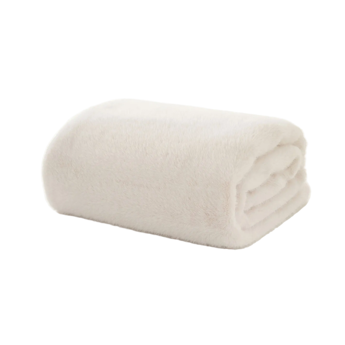 Folded ivory faux fur blanket on a white background