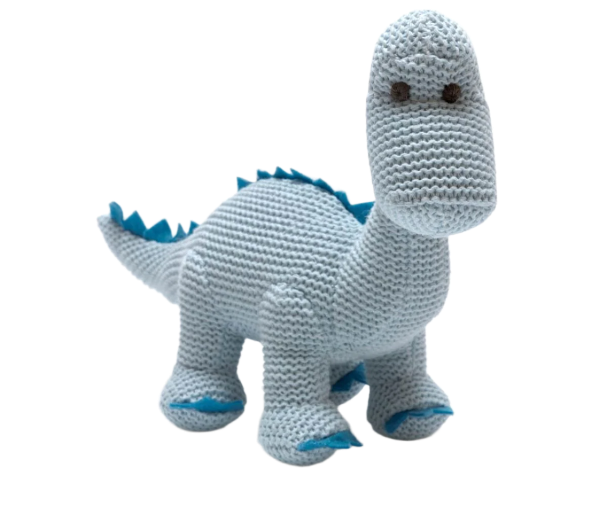 Knitted dinosaur toy with blue accents on a white background
