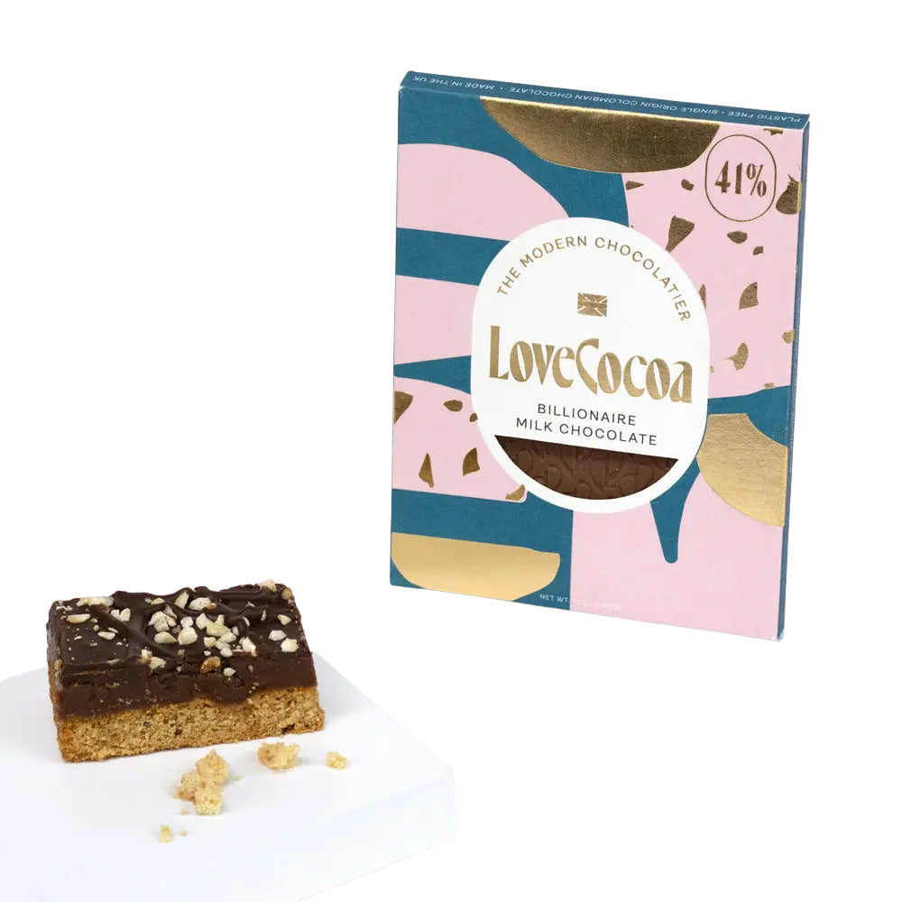 Chocolate bar with LoveCocoa packaging on a white background