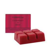 Red stoneglow cranberry & rose scented wax melts with packaging on a white background