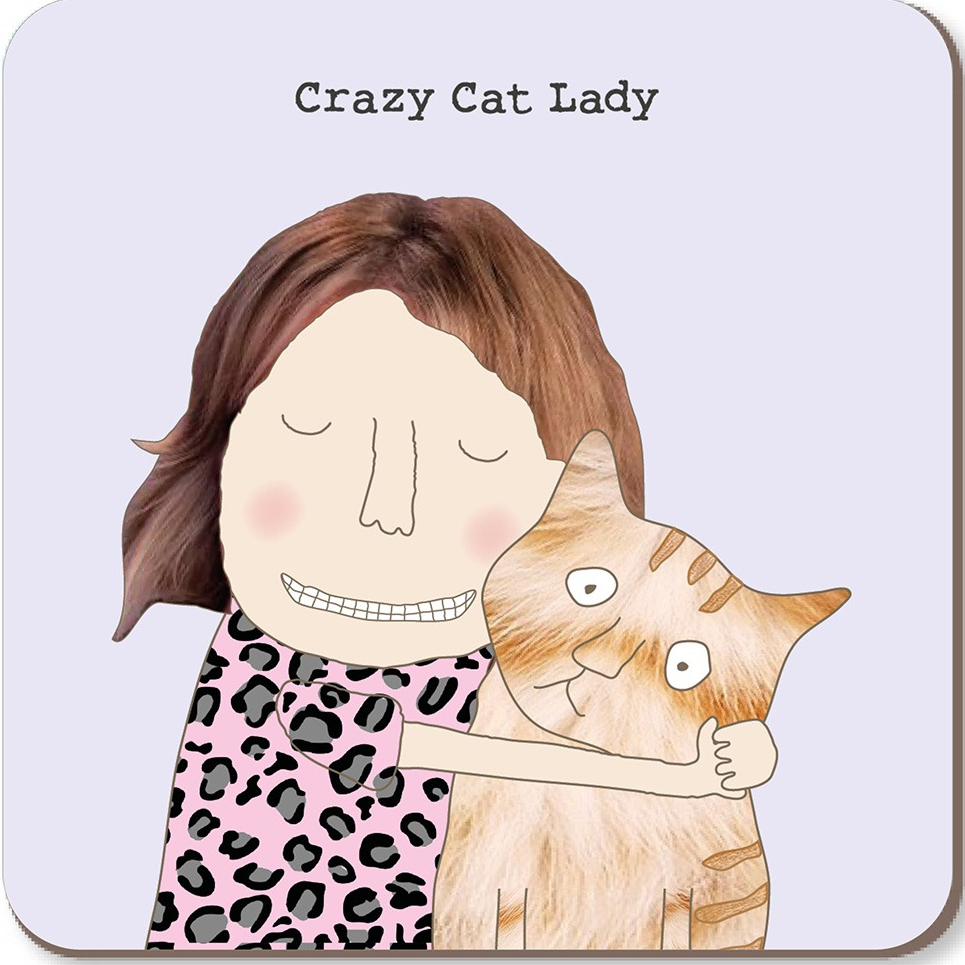 Illustration of a woman hugging a cat with 'Crazy Cat Lady' text on a light purple coaster