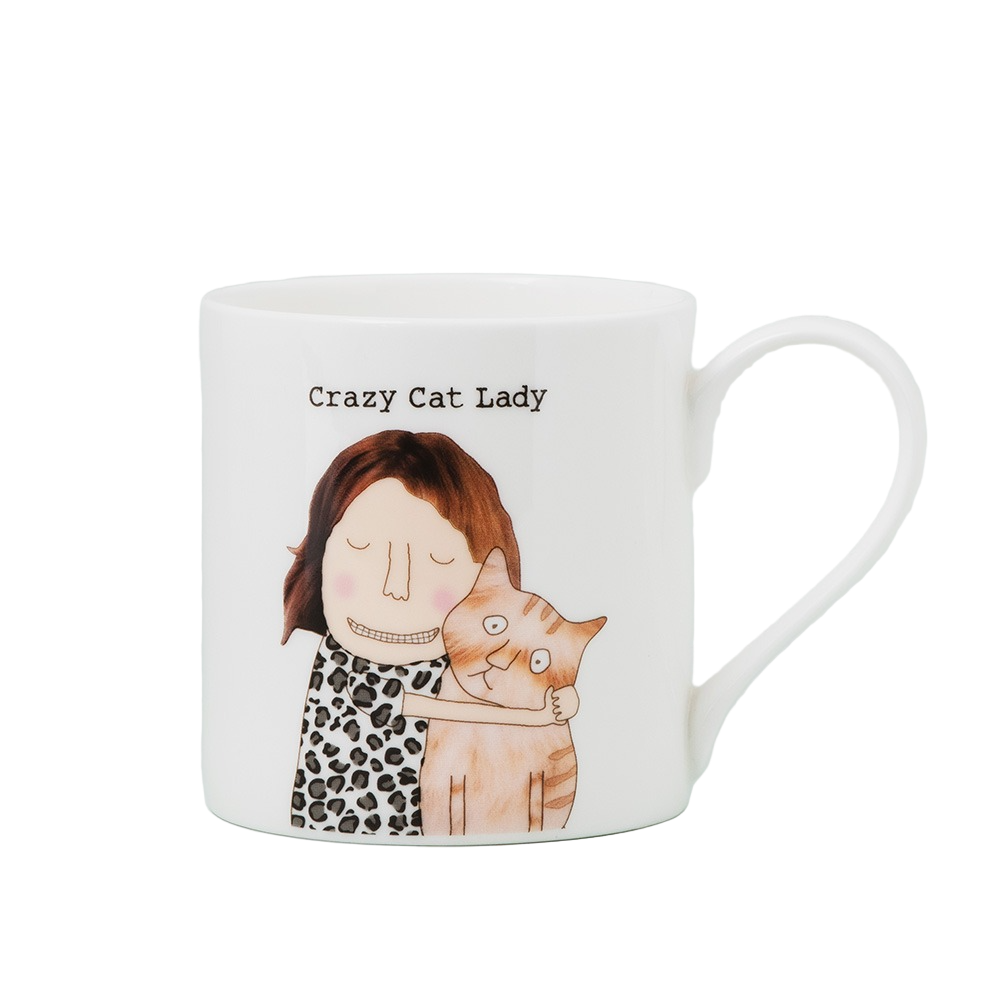 Mug with illustration of a woman holding a cat and 'Crazy Cat Lady' text.