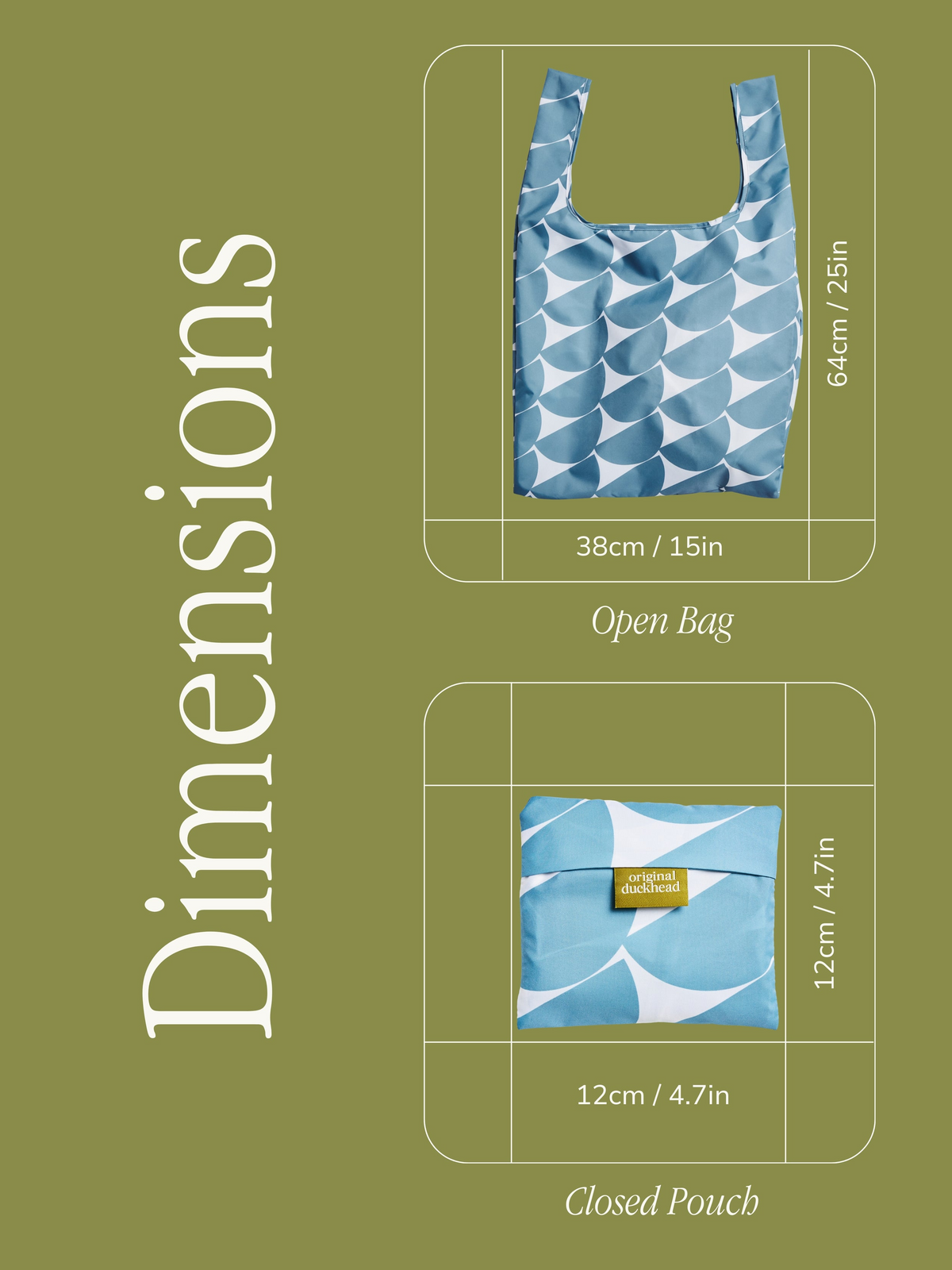 Dimensions of a blue patterned bag on a green background
