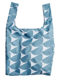 Reusable shopping bag with blue and white pattern on a white background