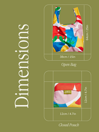 Colorful bag with dimensions on a green background
