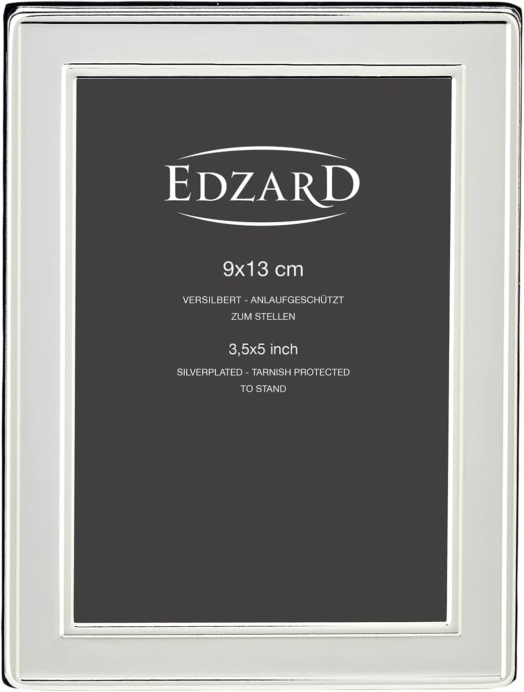 Silver picture frame with 'Edzard' branding and size specifications on a black background