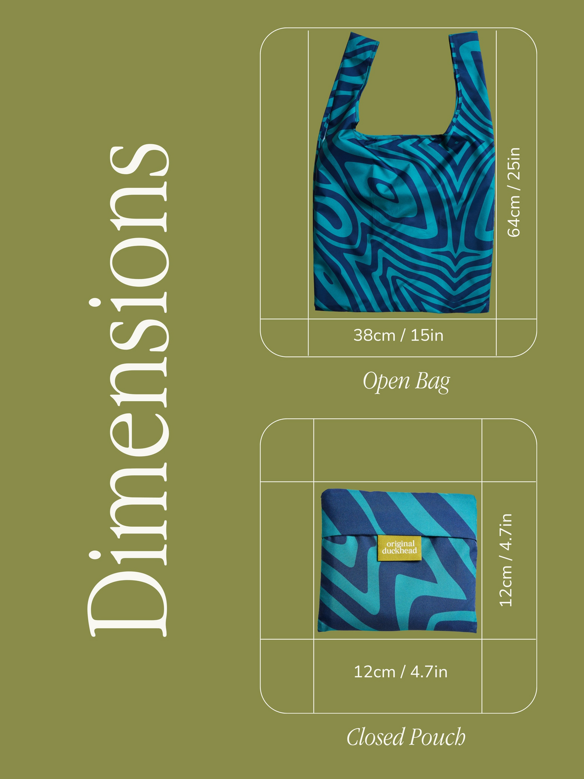Dimensions of a blue zebra-patterned bag on a green background